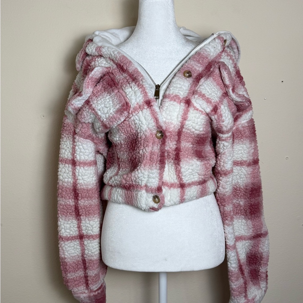 Pink and White Plaid Sherpa Jacket